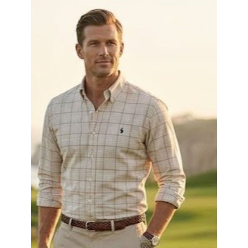 Ralph Lauren Men's Golf Tilden Button-Down Shirt Beige Check Blue Pony Size L